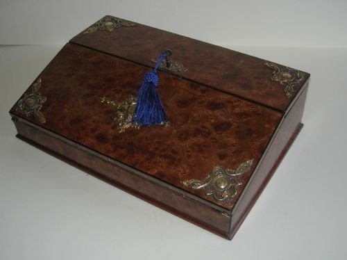 Antique English Burr Elm Lap Desk / Writing Box - Brass Mounted C.1860