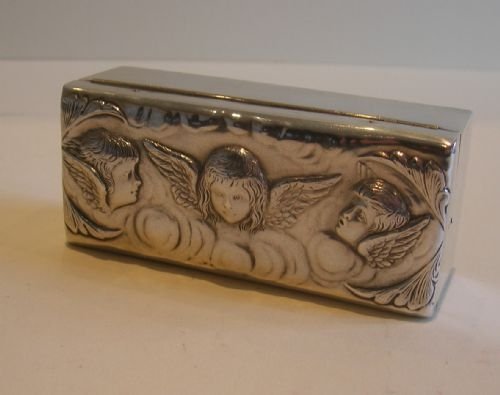 Victorian English Sterling Silver Postage Stamp Box - Angels / Cherubs