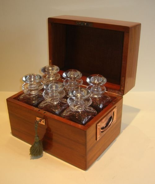 Wonderful Antique English Mahogany Decanter Box - Six Decanters C.1890