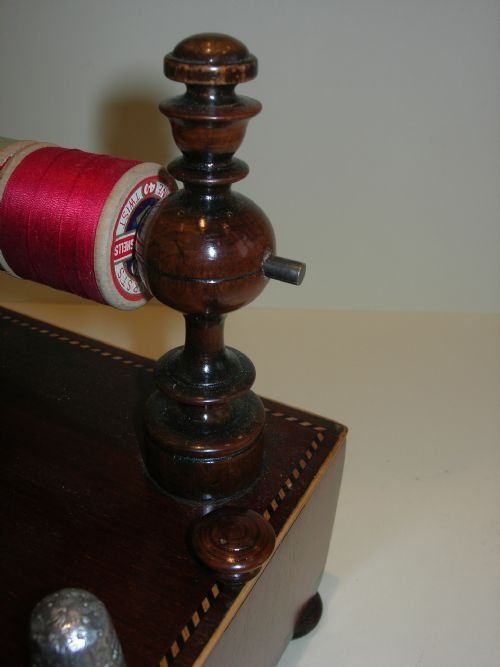 fig 1. Antique English Inlaid Mahogany Sewing Box With Cotton Dispenser c.1860