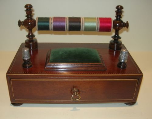 Antique English Inlaid Mahogany Sewing Box with Cotton Dispenser C.1860