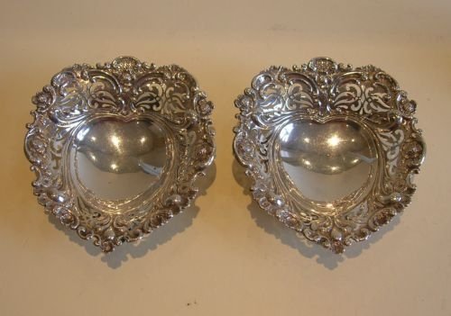 Pair of Antique English Sterling Silver Heart Dishes - London 1896