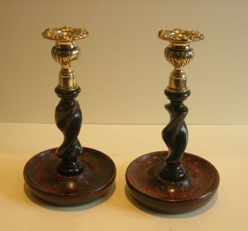 Handsome Pair Solid Oak Barley Twist Candlesticks - Brass Thistle Tops