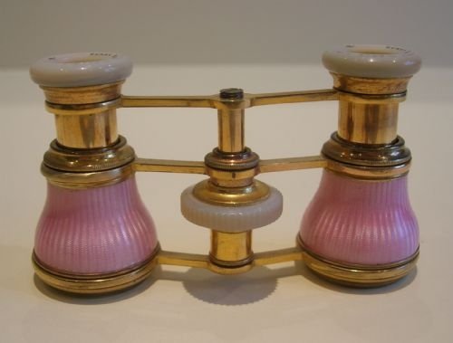 Antique Pink Guilloche Enamel & Mother of Pearl Opera Glasses