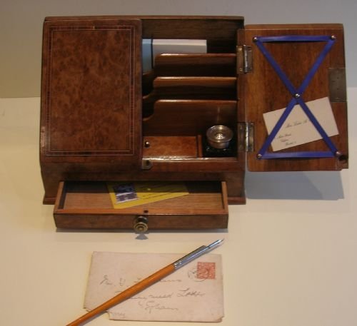 Unusual Antique English Burr Elm Miniature Stationery Cabinet C.1890