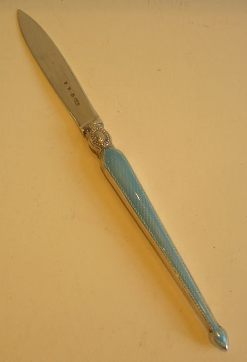 Sterling Silver and Powder Blue Guilloche Enamel Letter Opener
