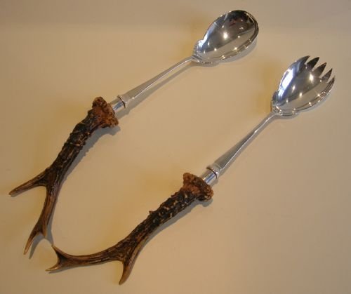 Antique Antler Horn Handled Salad Servers - Silver Plate C.1900