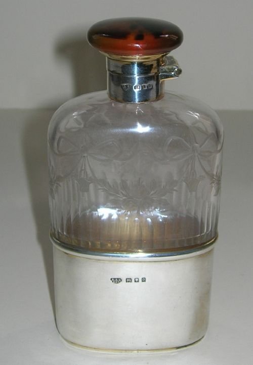 Rare Engraved Crystal, Sterling Silver and Tortoiseshell Hip Flask