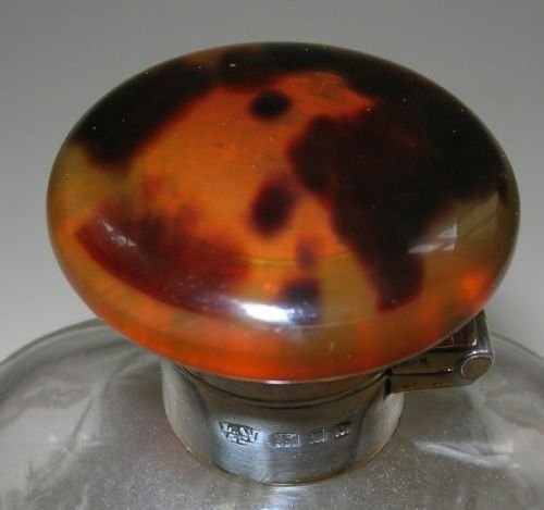 fig 1. Rare Engraved Crystal, Sterling Silver and Tortoiseshell Hip Flask