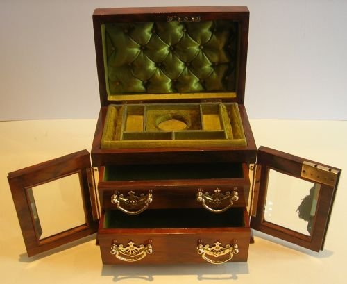 Antique English Walnut Jewelry Box - Bevelled Glass Doors C.1890