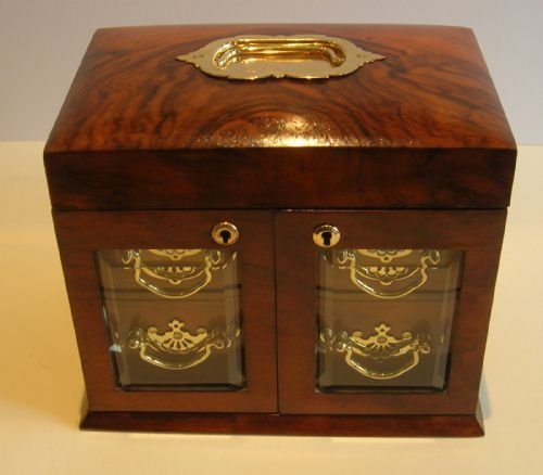fig 1. Antique English Walnut Jewelry Box - Bevelled Glass Doors c.1890