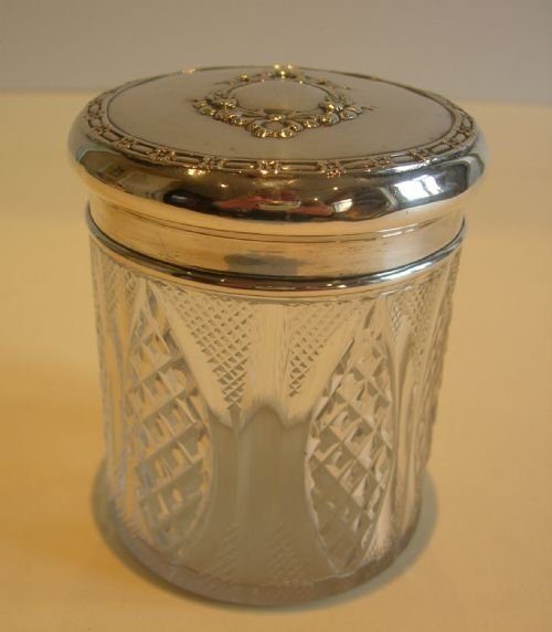 fig 1. Pretty English Sterling Silver Topped Dressing Table Jar