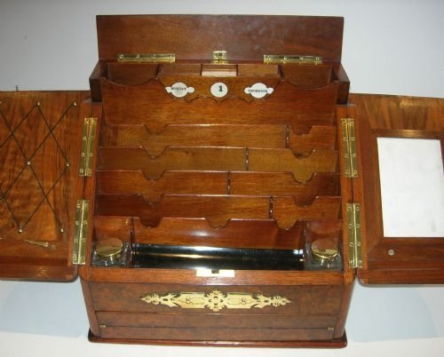 fig 1. Museum Quality Antique English Burl Walnut Stationery Cabinet - Writing Slope