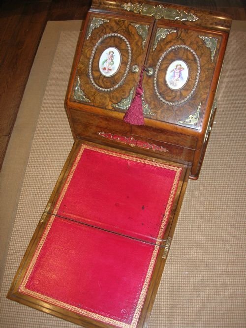 fig 2. Museum Quality Antique English Burl Walnut Stationery Cabinet - Writing Slope