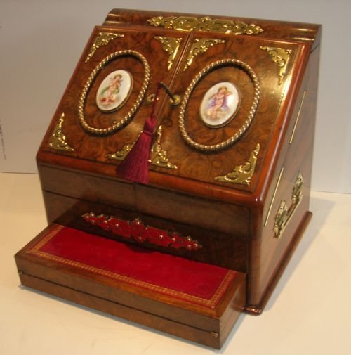 Museum Quality Antique English Burl Walnut Stationery Cabinet - Writing Slope