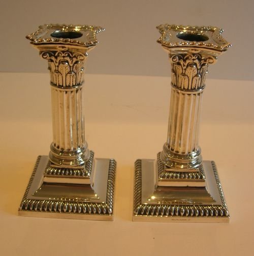 Pair Antique English Silver Plated Candlesticks - Corinthian Columns