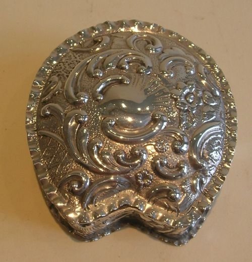 Antique Sterling Silver Box - Decorative Embossed Horseshoe - Equestrian Interest