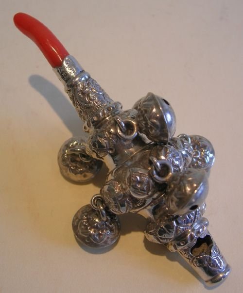 Antique English Sterling Silver and Coral Baby's Rattle & Whistle
