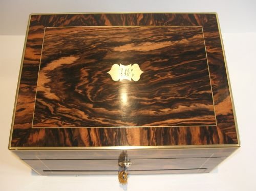 fig 1. Grandest Antique English Brass Bound Zebrano Wood Jewelry Box c.1840