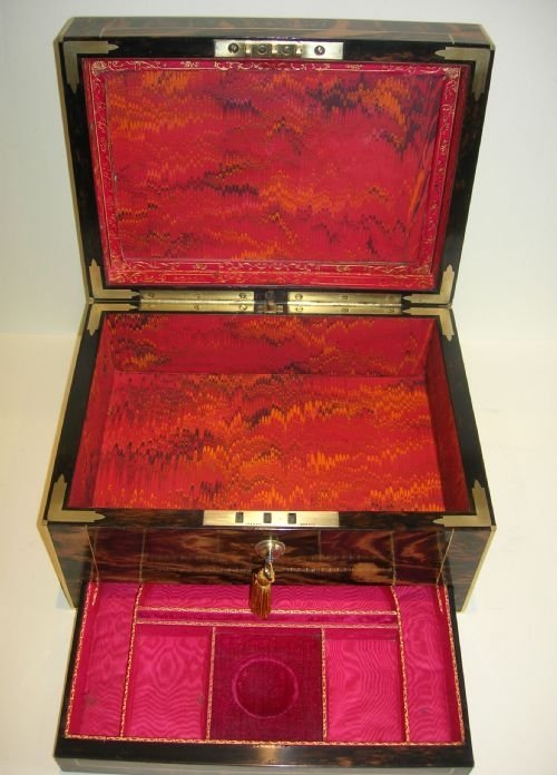 fig 3. Grandest Antique English Brass Bound Zebrano Wood Jewelry Box c.1840