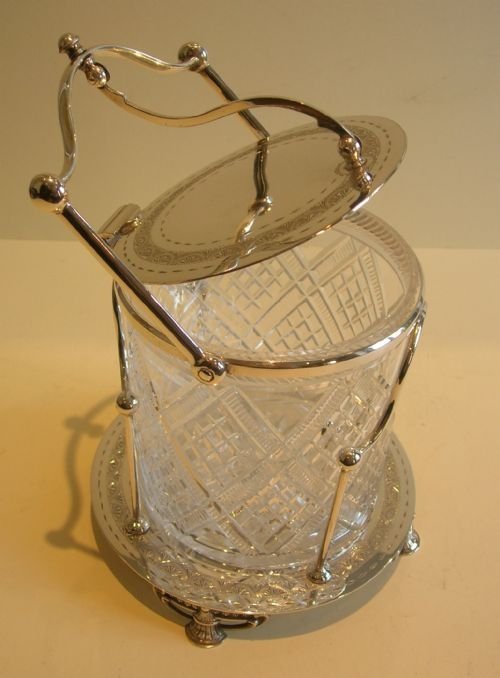 Rare Mechanical Cut Crystal and Silver Plate Biscuit Box