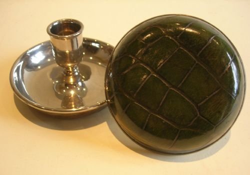 Rare Pair of Travel Crocodile Skin Clad Chambersticks C.1910
