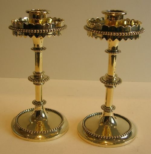 Unusual Small Antique English Candlesticks in Brass C.1860