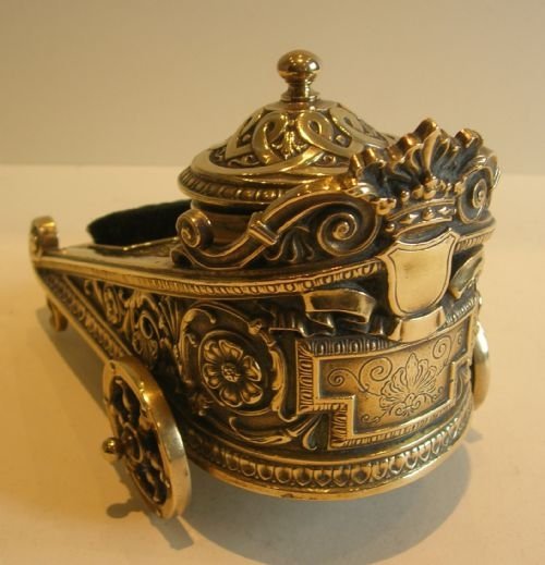 fig 1. Rare and Stunning English Figural Inkwell / Pen Wipe in the Form of a Chariot - Victorian