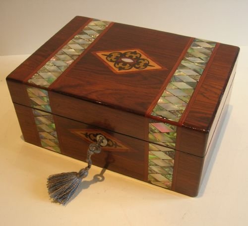 Antique English Rosewood Jewelry or Table Box - Mother or Pearl Inlay C.1840