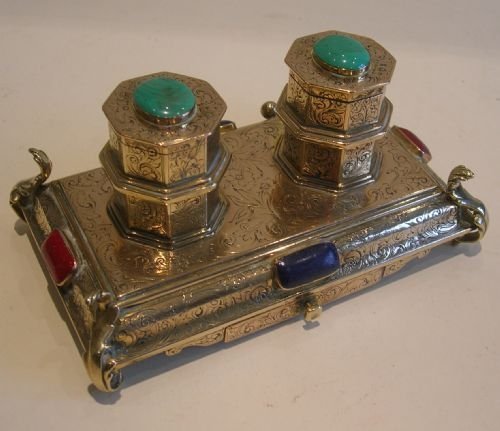 Stunning French Double Inkwell - Stone Encrusted - Postage Stamp Drawer