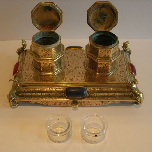 fig 2. Stunning French Double Inkwell - Stone Encrusted - Postage Stamp Drawer