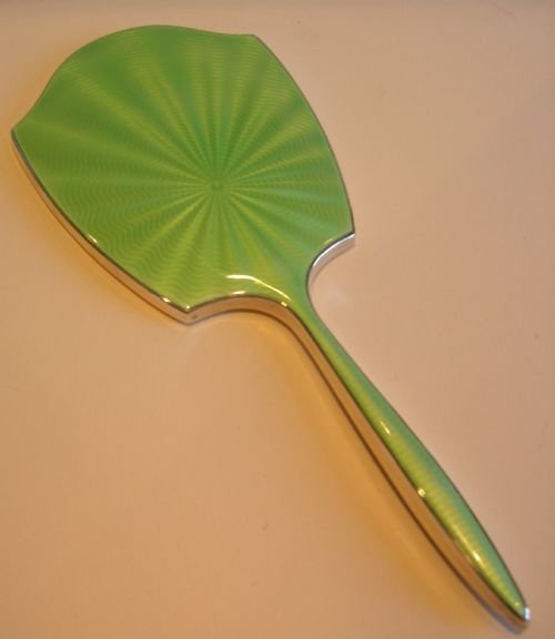English Sterling Silver and Green Guilloche Enamel Hand / Dressing Table Mirror