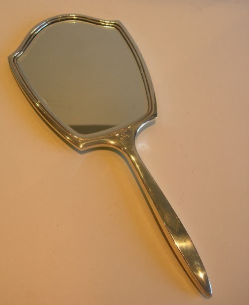 fig 1. English Sterling Silver and Green Guilloche Enamel Hand / Dressing Table Mirror