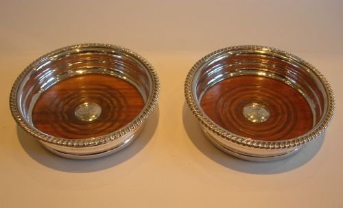 Pair Elegant Antique English Silverplate & Wooden Wine Coasters - Engraved Crest