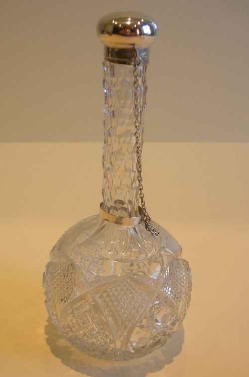 Unusual Antique English Cut Crystal & Sterling Silver Perfume / Scent Bottle