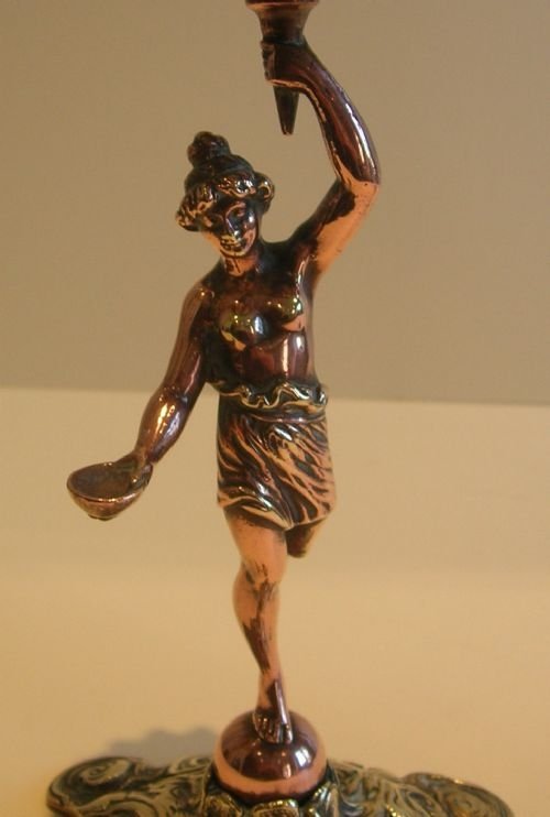 fig 2. Wonderful and Unusual Pair Antique English Figural Brass & Copper Candlesticks - Signed