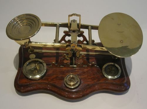 fig 1. Large Pair English Oak & Brass Postal or Letter Scales - Signed J & E Ratcliff