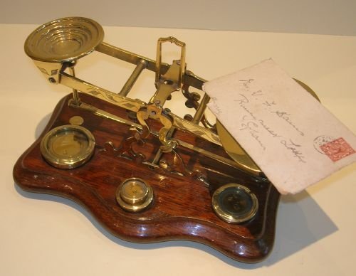 Large Pair English Oak & Brass Postal or Letter Scales - Signed J & E Ratcliff