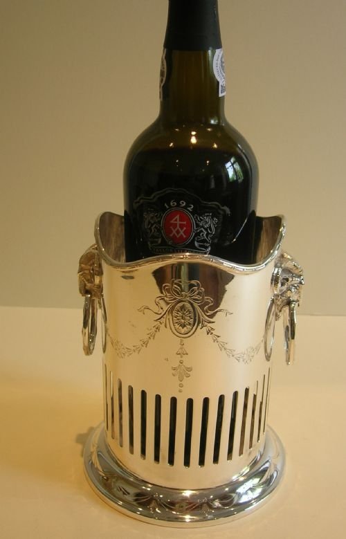 Antique English Silver Plate Wine / Champagne Bottle Holder - Ram's Head Handles