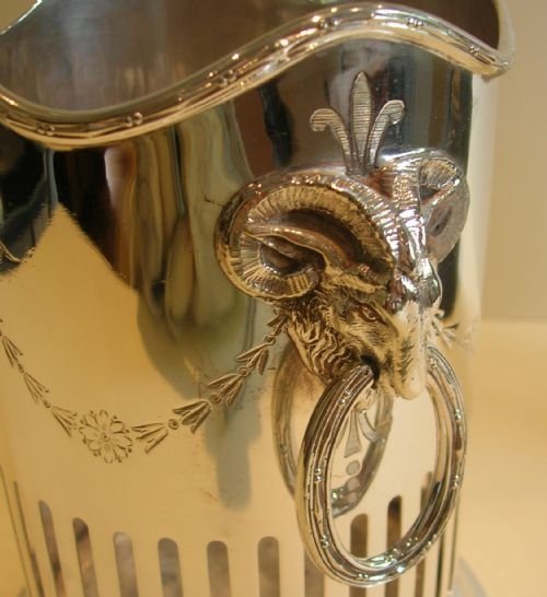 fig 2. Antique English Silver Plate Wine / Champagne Bottle Holder - Ram's Head Handles