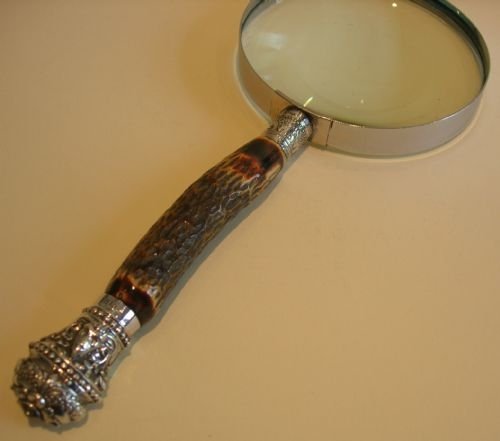 Large Antique Antler Horn & Sterling Silver Magnifying Glass - 1884