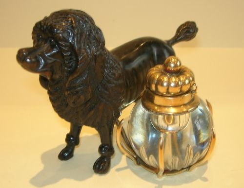 fig 1. Fabulous Antique Carved Fruitwood French Poodle Inkwell - Dog
