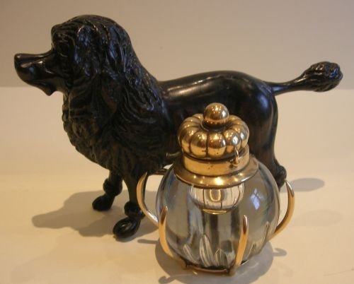 Fabulous Antique Carved Fruitwood French Poodle Inkwell - Dog