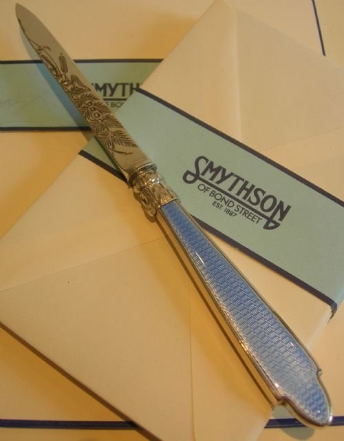 Antique English Sterling Silver and Guilloche Enamel Letter Opener