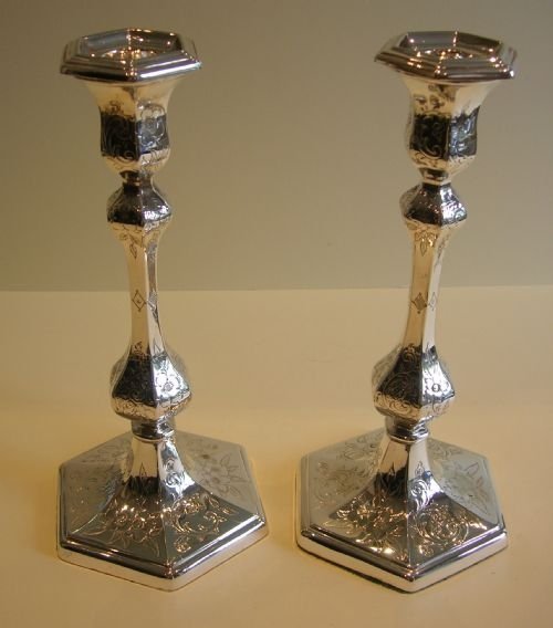 Stunning Antique English Silver Plated Candlesticks - Floral Engraved C.1860