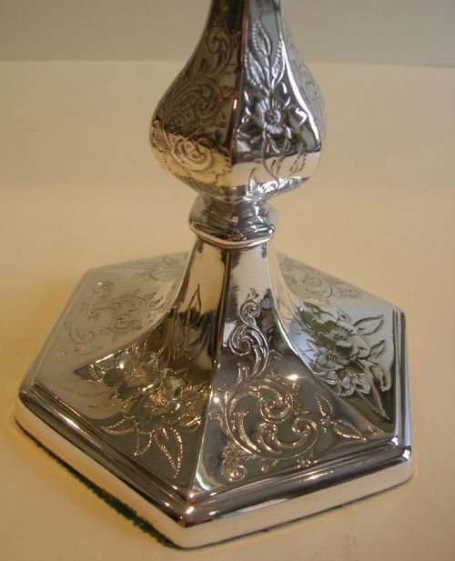 fig 1. Stunning Antique English Silver Plated Candlesticks - Floral Engraved c.1860