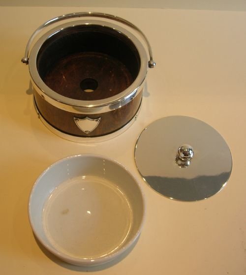 fig 1. Antique English Oak and Silver Plate Butter Dish - Original Creamware Liner c.1890