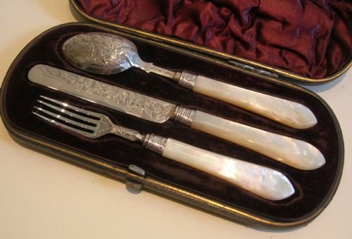 Beautiful Antique English Sterling Silver and Mother of Pearl Christening Set