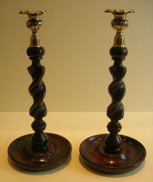 Handsome Pair Solid Oak Barley Twist Candlesticks - Brass Thistle Tops