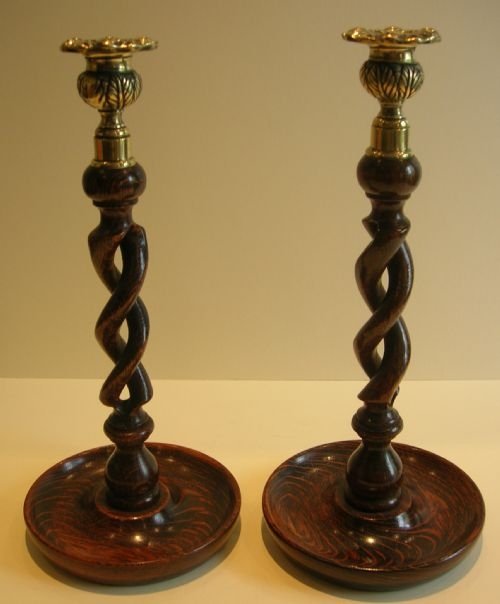 Pair Antique English Oak Open Barley Twist Candlesticks - Brass Thistle Tops